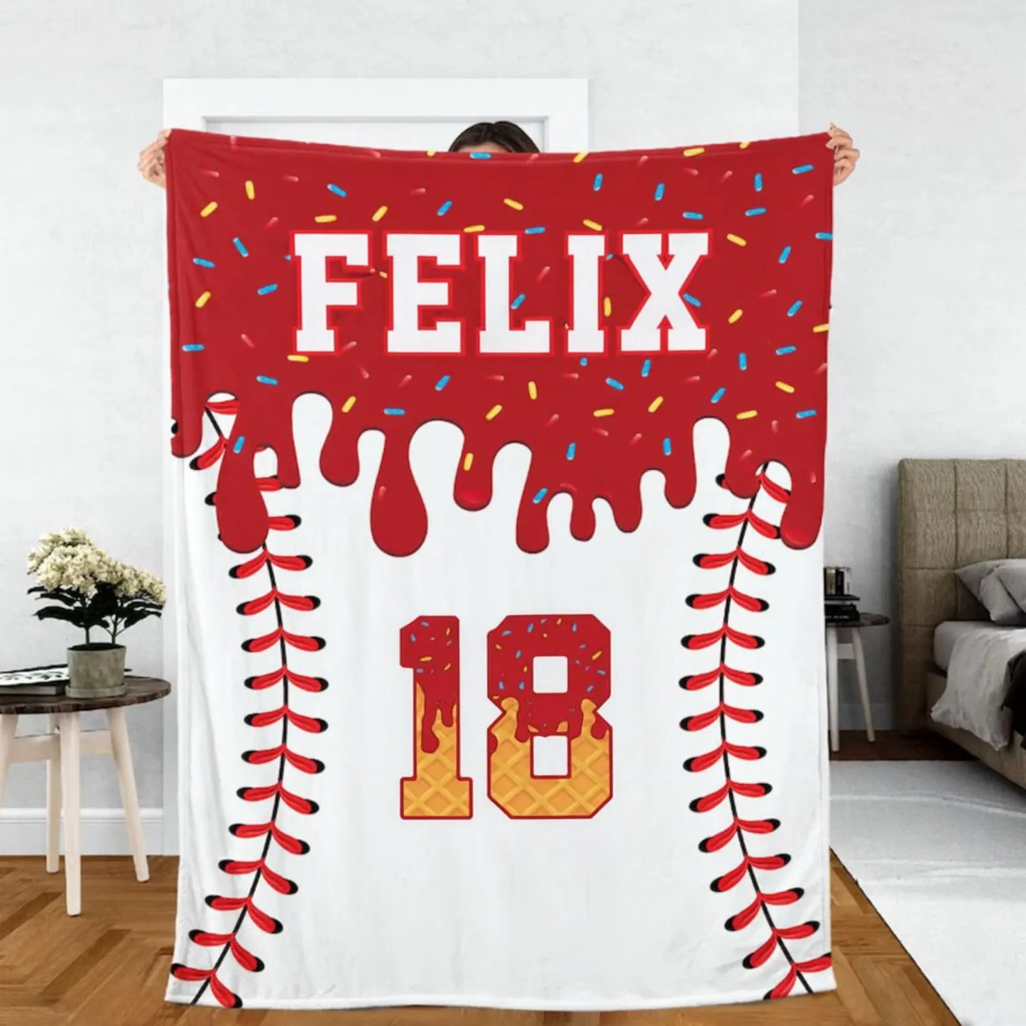Personalized Baseball Blanket – Custom Ice Cream Drip Design, Kids Birthday Gift & Team Present