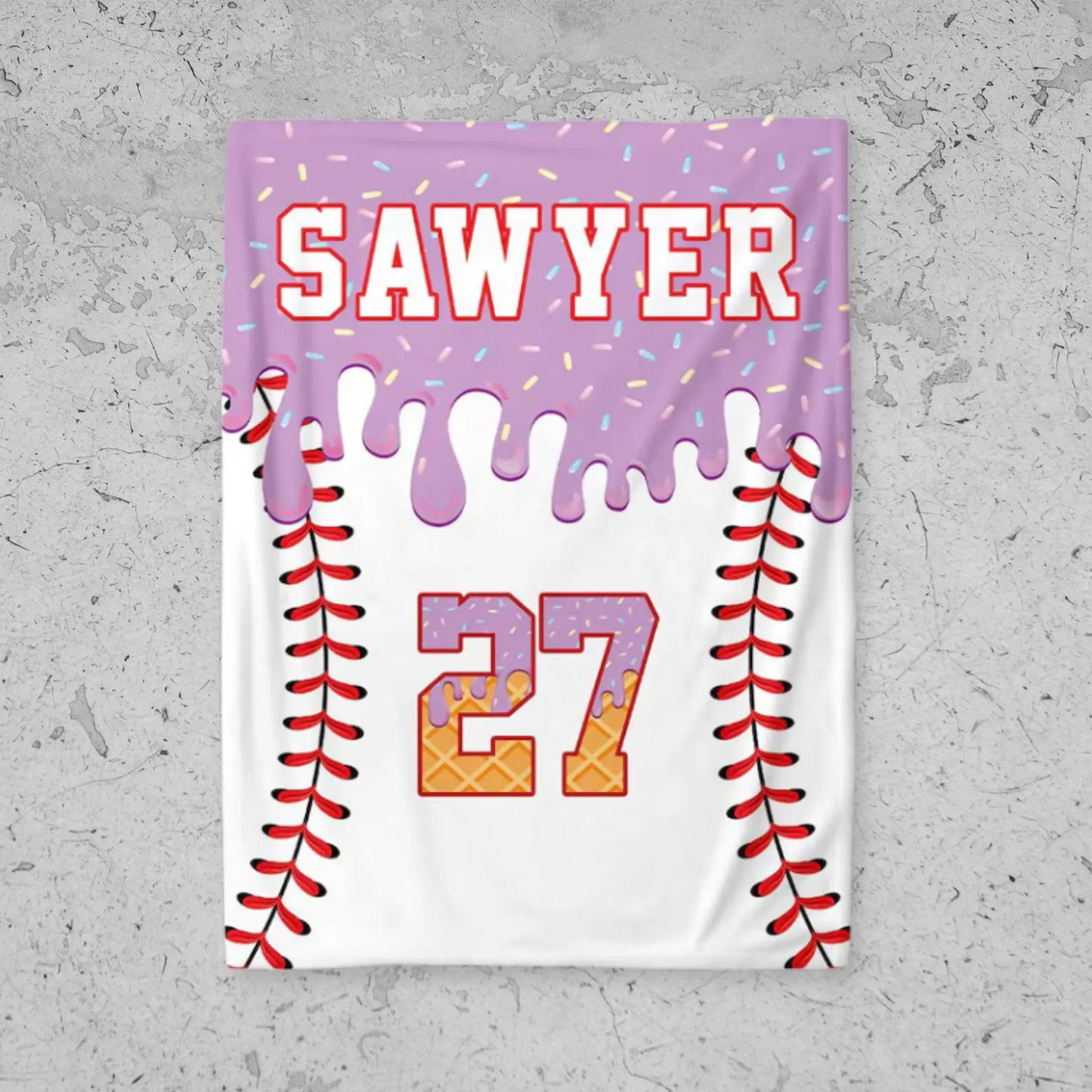 Personalized Baseball Blanket – Custom Ice Cream Drip Design, Kids Birthday Gift & Team Present