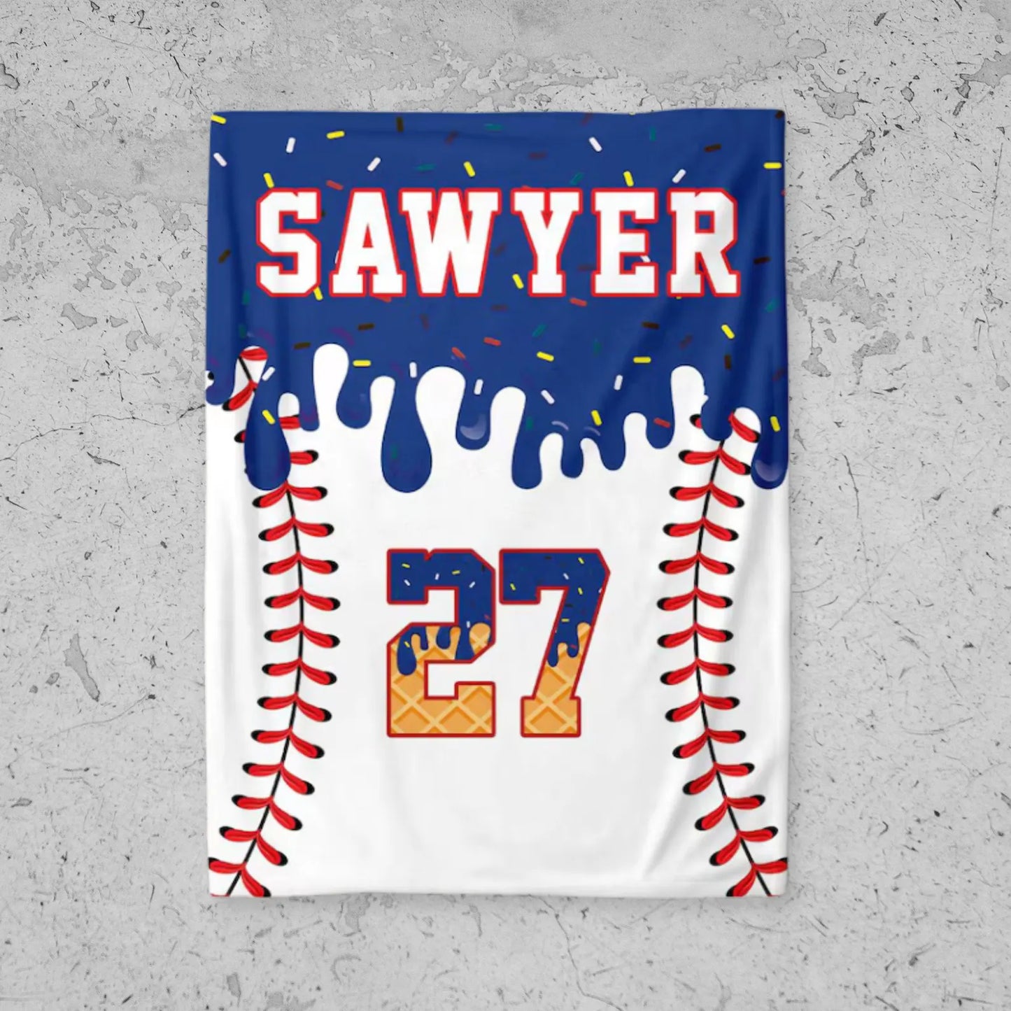 Personalized Baseball Blanket – Custom Ice Cream Drip Design, Kids Birthday Gift & Team Present