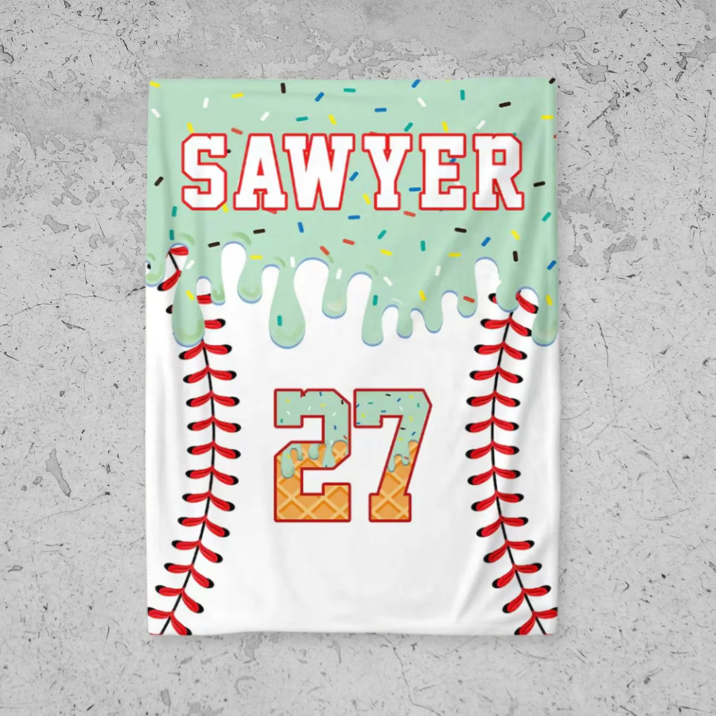 Personalized Baseball Blanket – Custom Ice Cream Drip Design, Kids Birthday Gift & Team Present