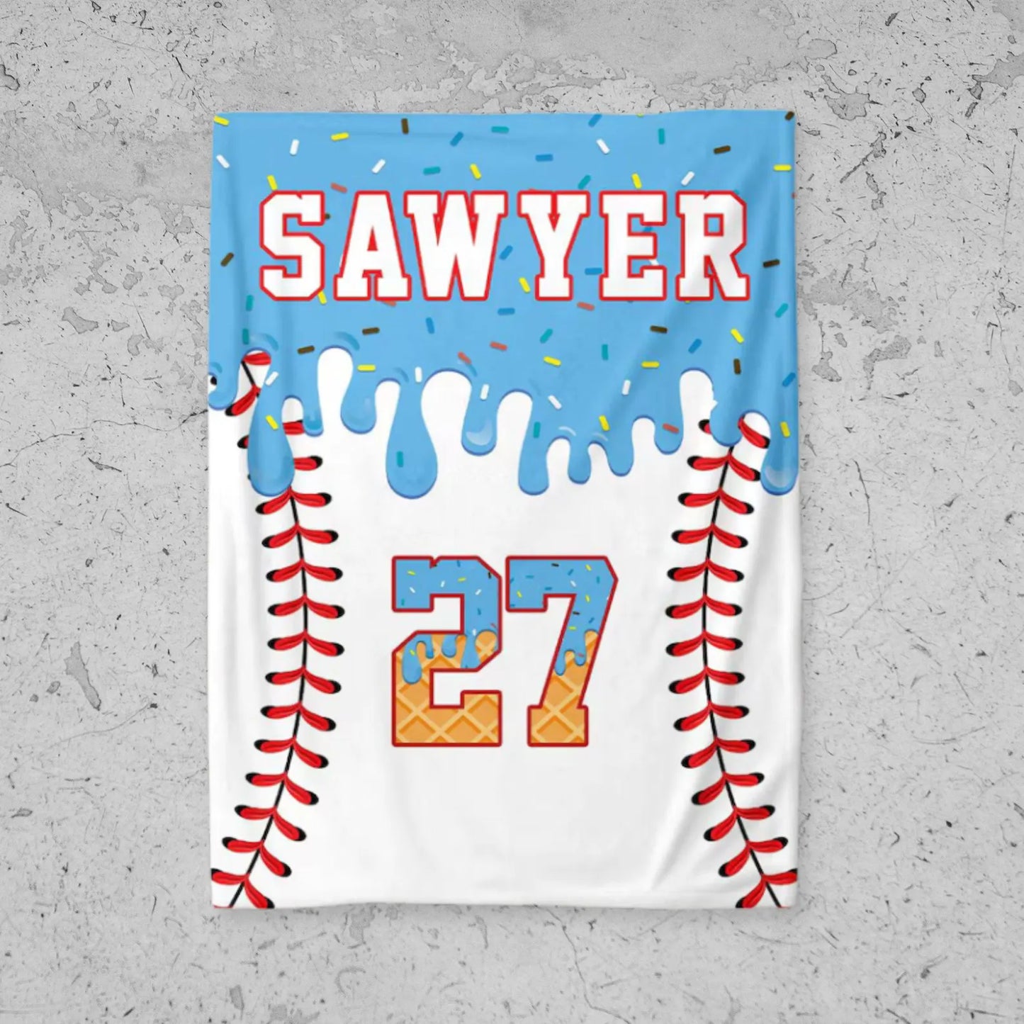Personalized Baseball Blanket – Custom Ice Cream Drip Design, Kids Birthday Gift & Team Present