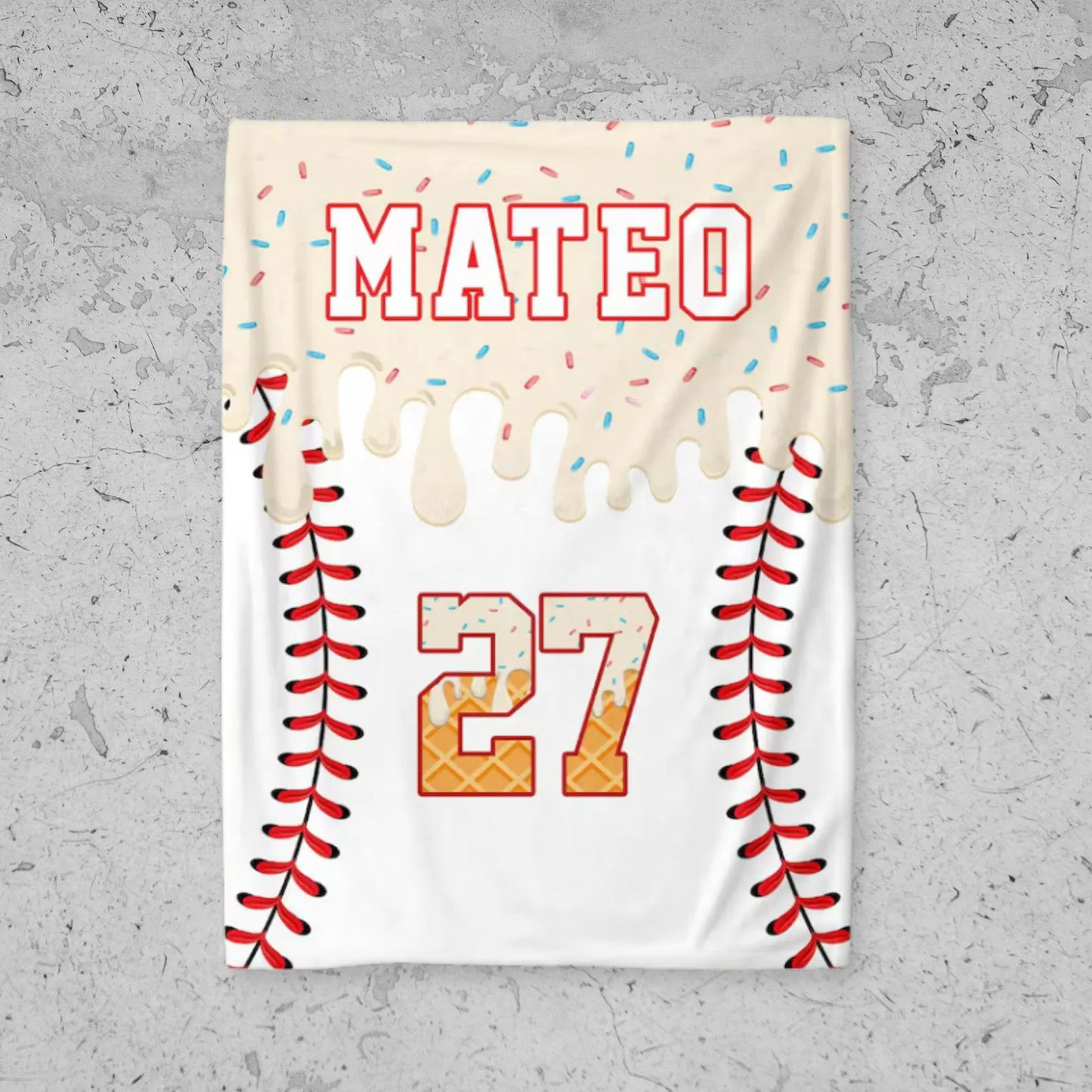 Personalized Baseball Blanket – Custom Ice Cream Drip Design, Kids Birthday Gift & Team Present