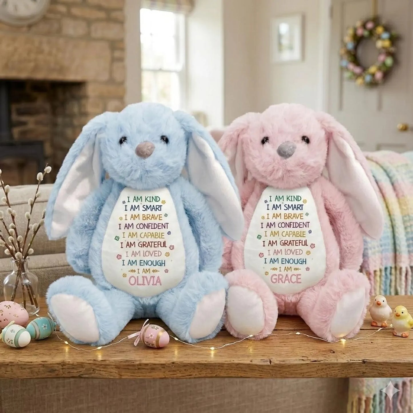 Personalized Easter Bunny Affirmations Plush Custom Name Bunny I Am Kind Smart Brave Stuffed Animal Kids Positive Gift Toddler Easter Basket Stuffer