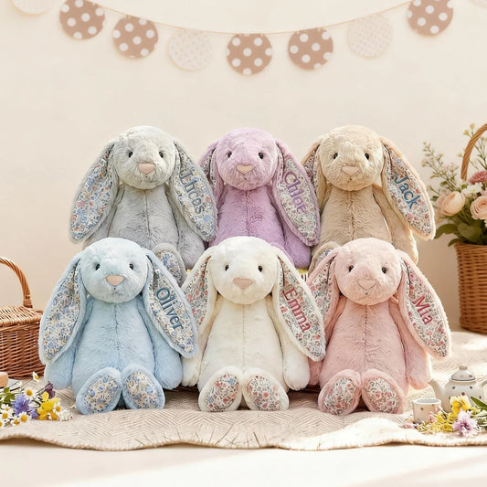 Personalized Floral Bunny Plush – Custom Name Embroidered Easter Bunny, Baby Shower & Newborn Gift