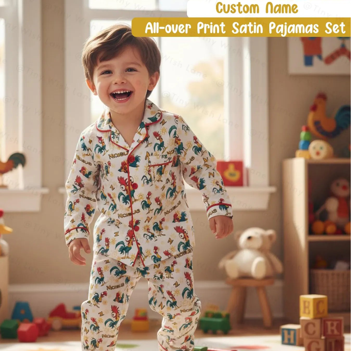 Personalized Island Rooster Kids Satin Pajamas