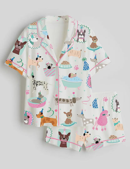 Luxury Pajama Set - Cute Dog Party Cartoon Playful Puppy Sleeve Loungewear