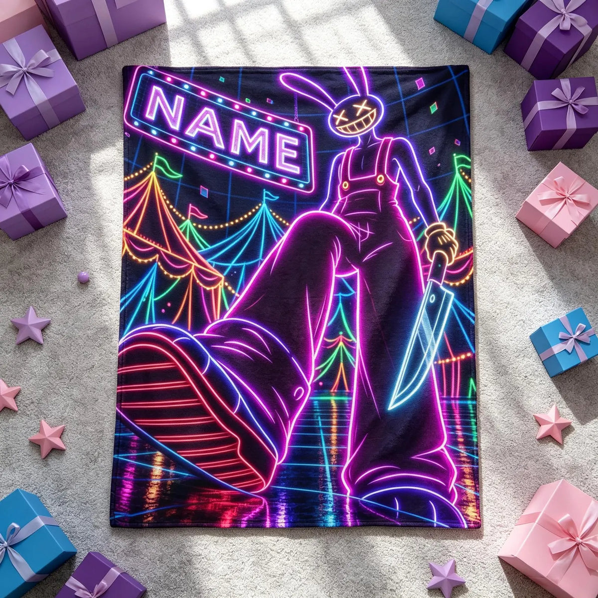 Custom Name Neon Rabbit Circus Plush Throw Blanket