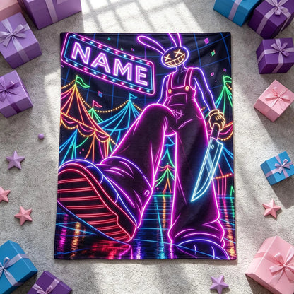 Custom Name Neon Rabbit Circus Plush Throw Blanket
