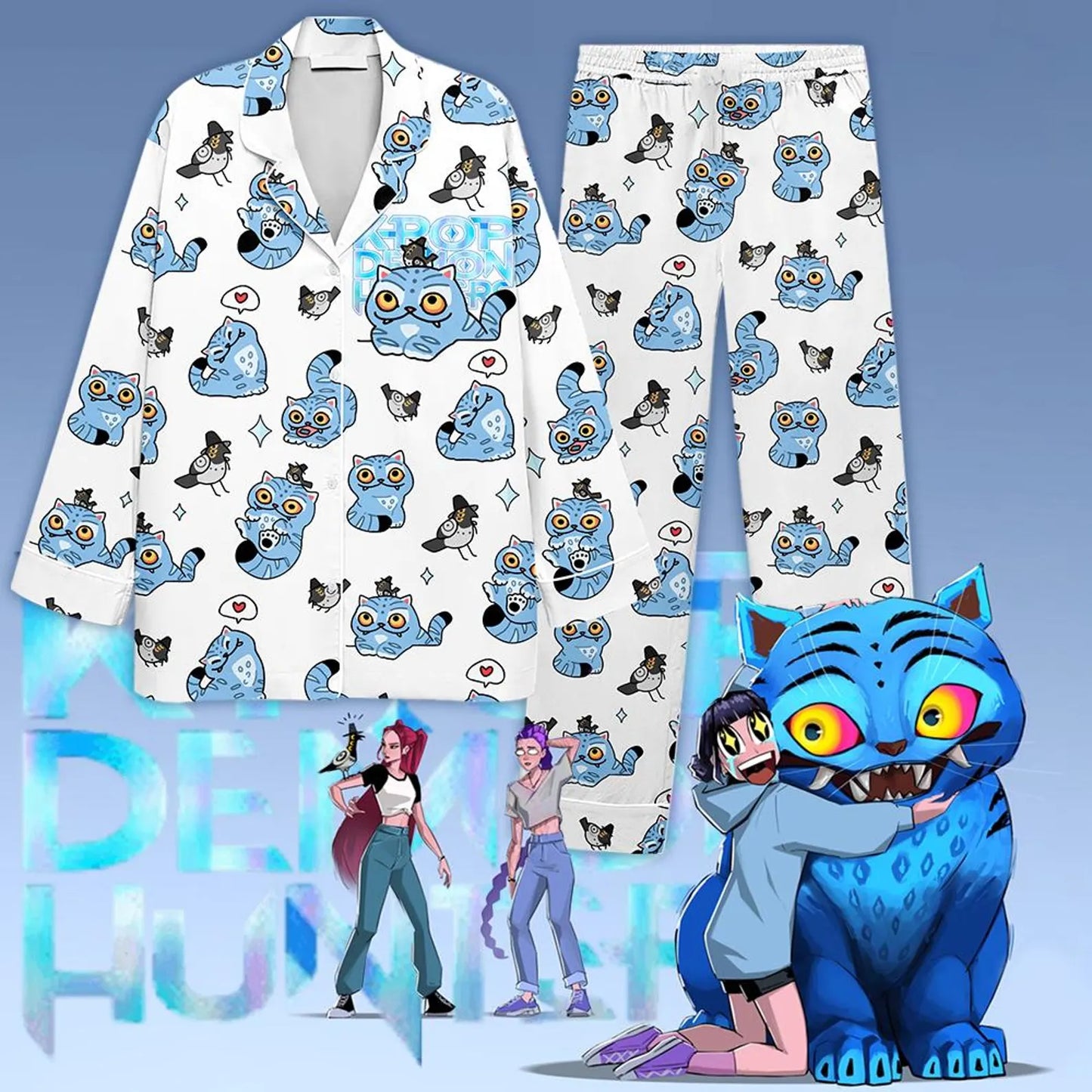 Blue Tiger & Bird Satin Pajama Set – K-Pop Fantasy Inspired