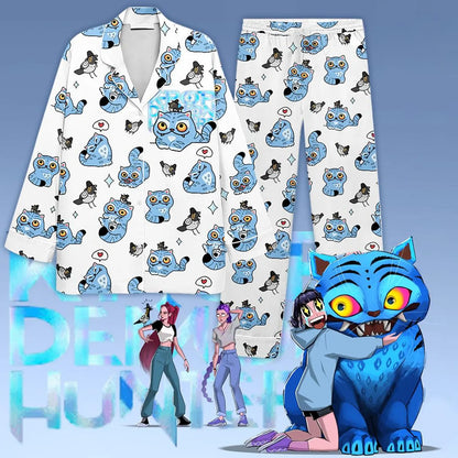 Blue Tiger & Bird Satin Pajama Set – K-Pop Fantasy Inspired