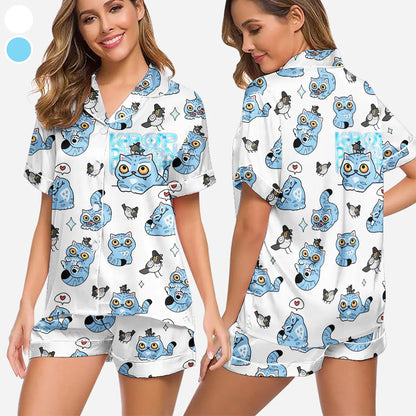 Blue Tiger & Bird Satin Pajama Set – K-Pop Fantasy Inspired
