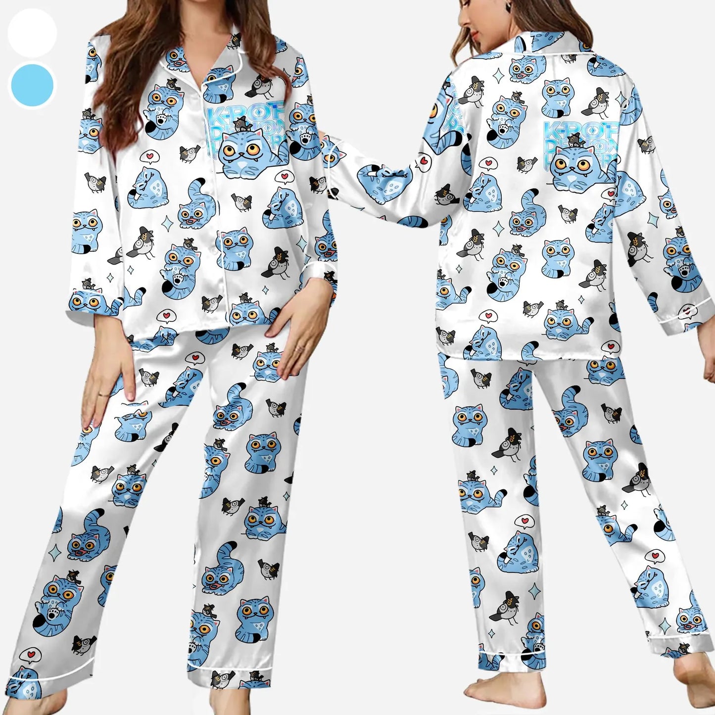Blue Tiger & Bird Satin Pajama Set – K-Pop Fantasy Inspired
