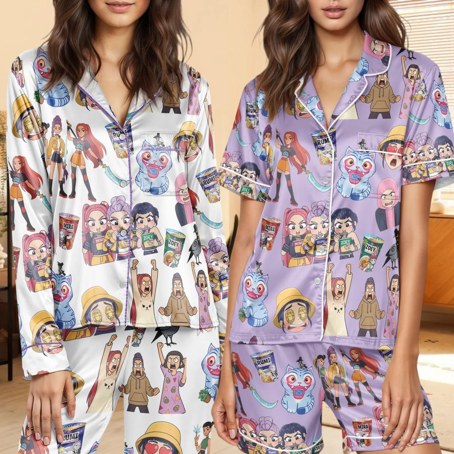 Pop Fantasy Satin Pajama Set – Anime-Inspired Sleepwear for Women & Kids, Matching Family PJs