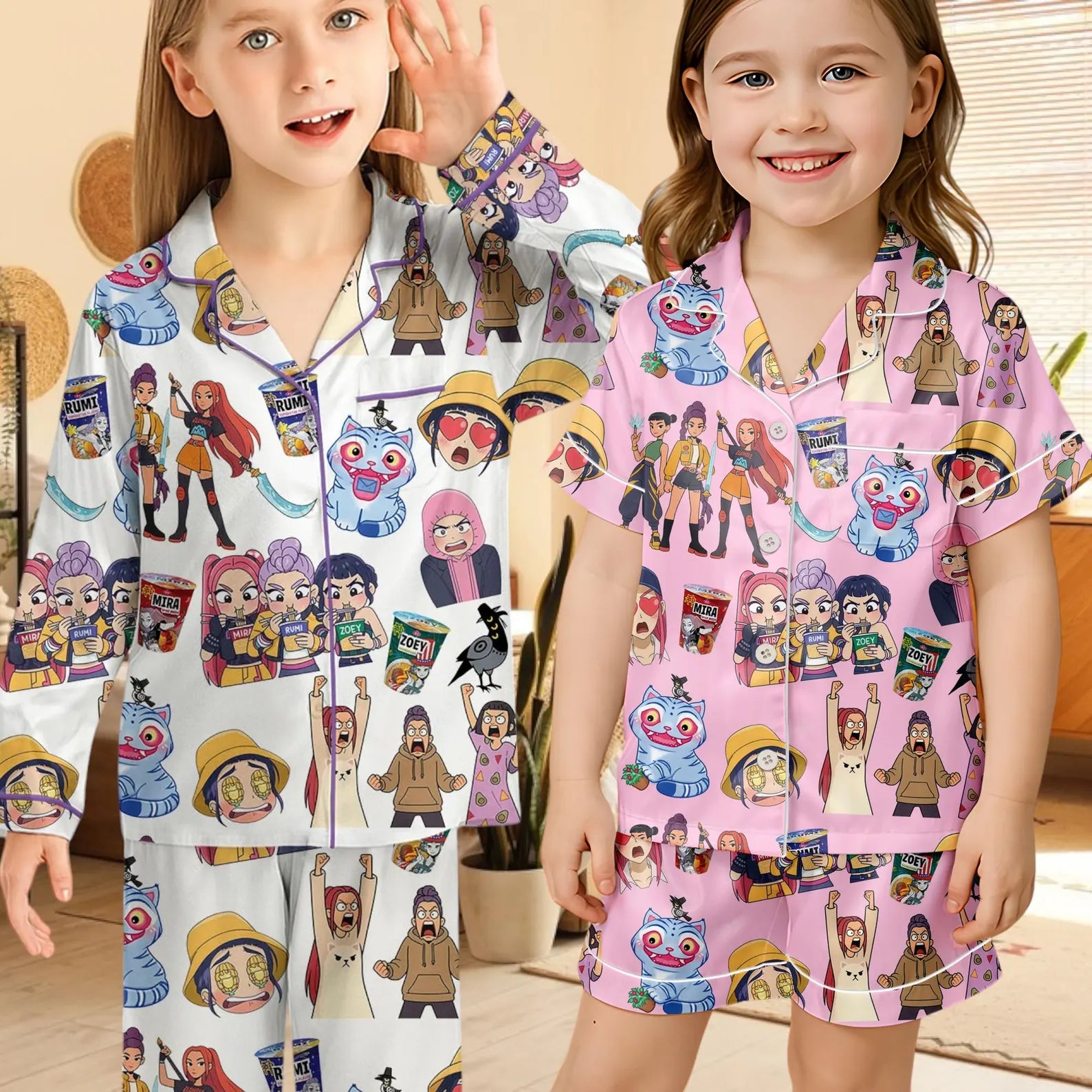 Rumi Mira Zoey Satin Pajama Set – KPop Fantasy Inspired Sleepwear for Women & Kids, Huntrix Style Matching PJs