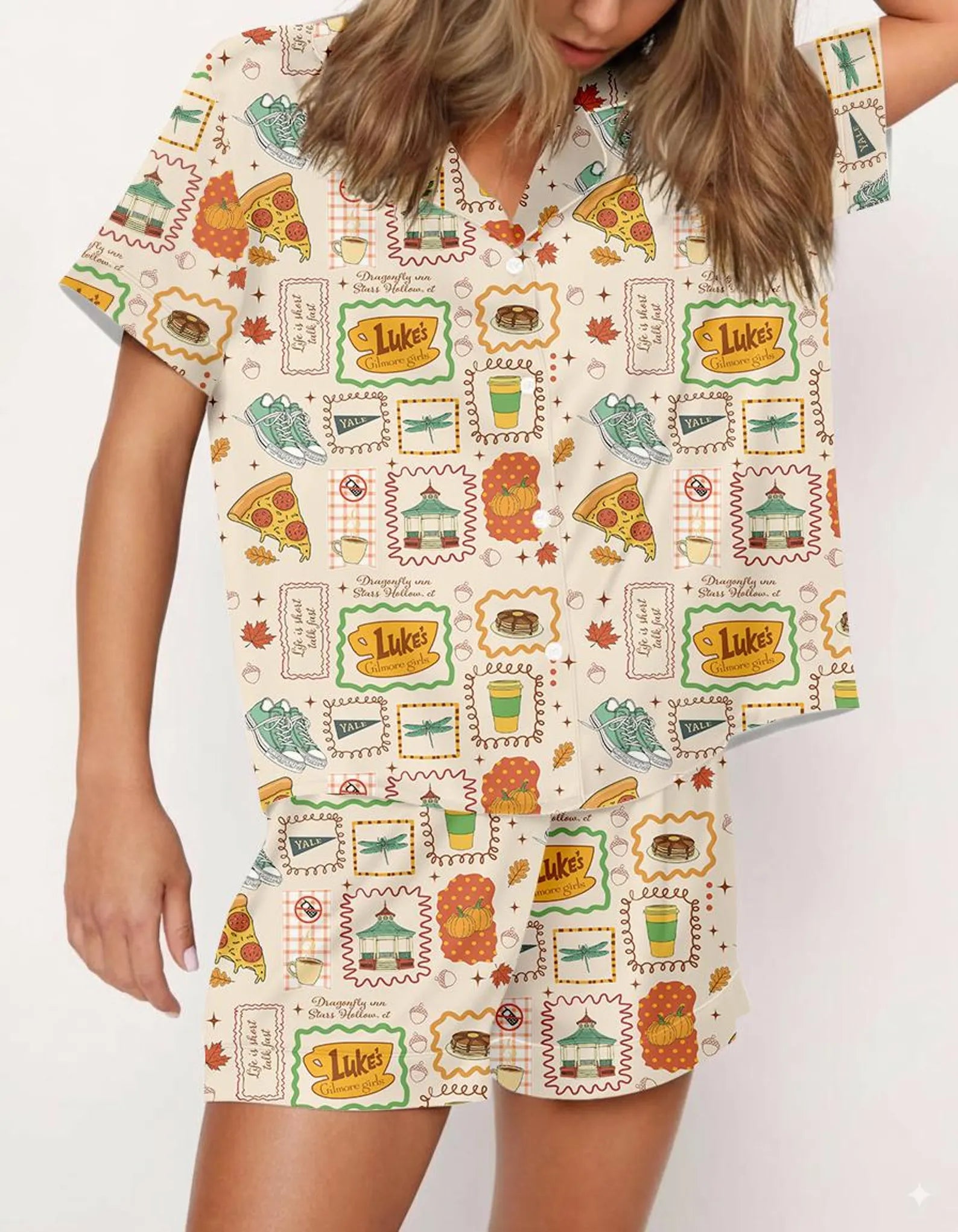 Women’s Stars Hollow Inspired Pajama Set – Retro Coffee Diner Satin Sleepwear, Two-Piece Cozy Nightwear Gift