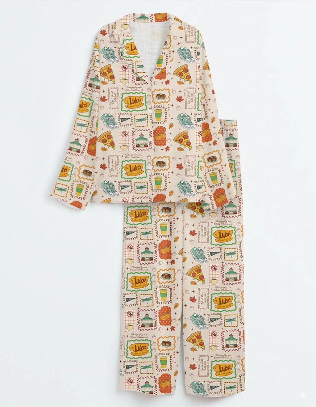 Women’s Stars Hollow Inspired Pajama Set – Retro Coffee Diner Satin Sleepwear, Two-Piece Cozy Nightwear Gift