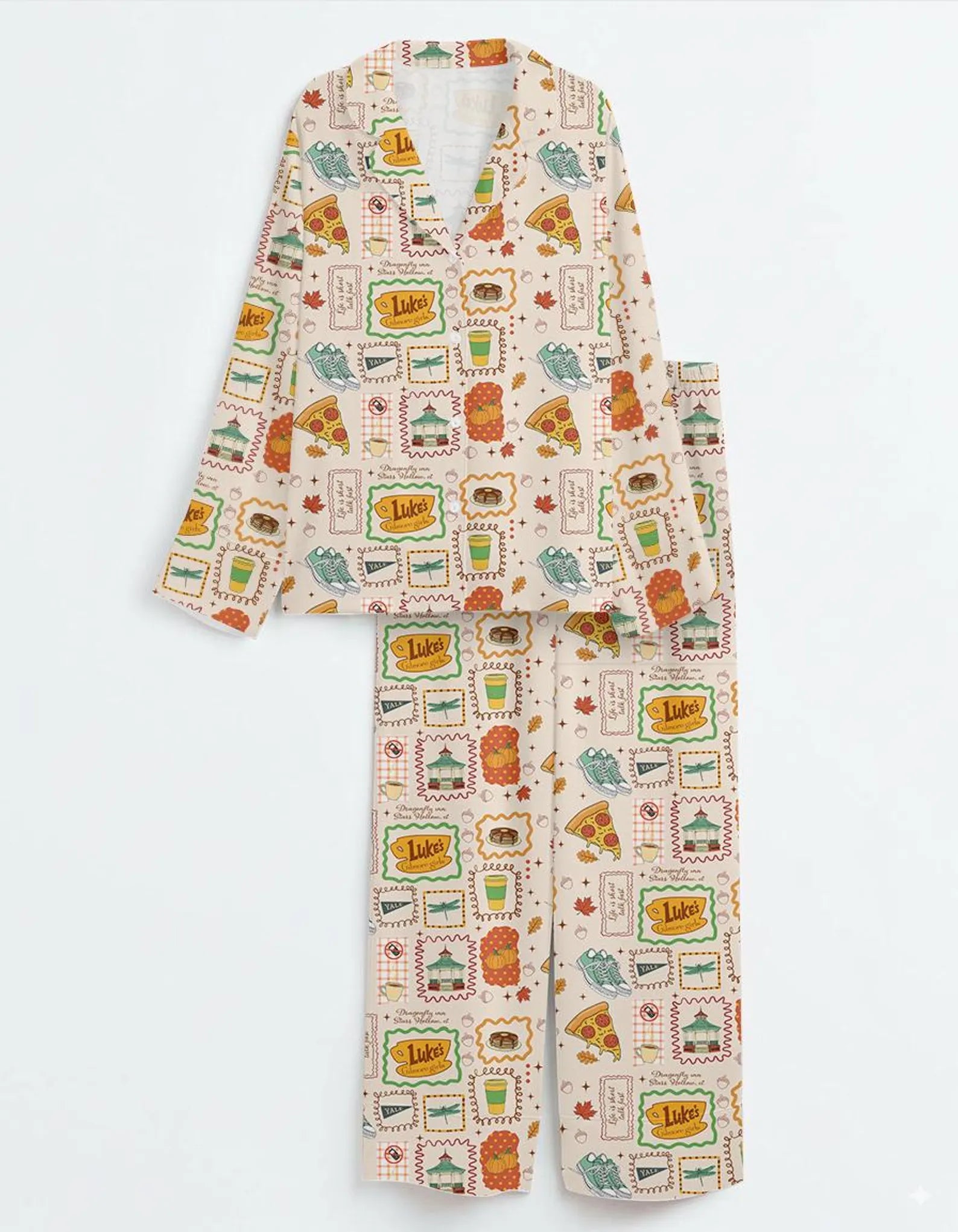 Women’s Stars Hollow Inspired Pajama Set – Retro Coffee Diner Satin Sleepwear, Two-Piece Cozy Nightwear Gift