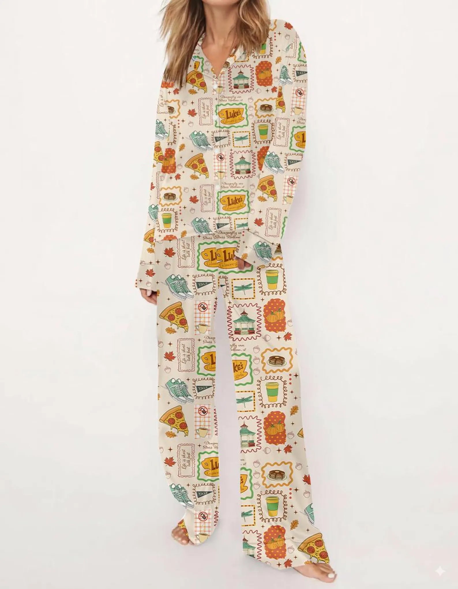 Women’s Stars Hollow Inspired Pajama Set – Retro Coffee Diner Satin Sleepwear, Two-Piece Cozy Nightwear Gift