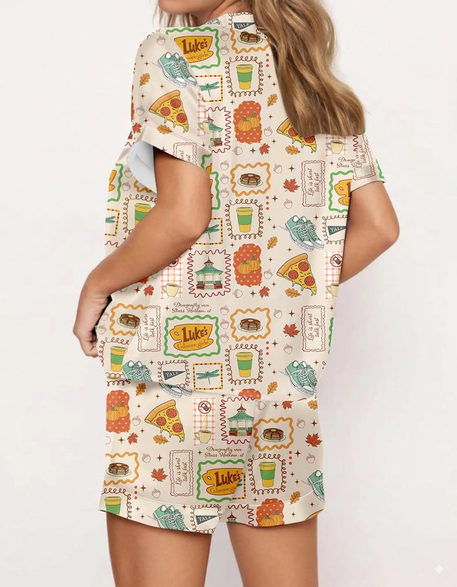 Women’s Stars Hollow Inspired Pajama Set – Retro Coffee Diner Satin Sleepwear, Two-Piece Cozy Nightwear Gift