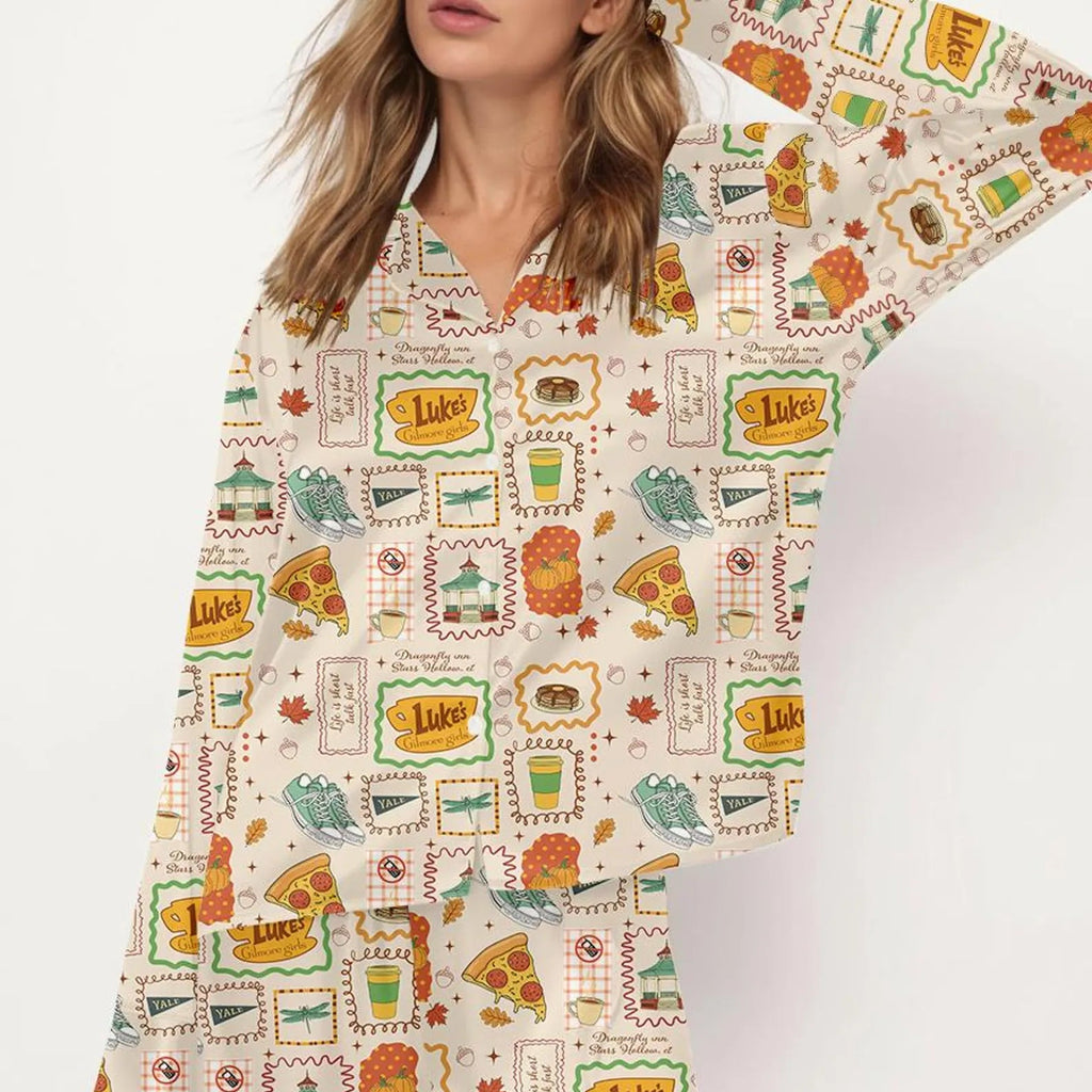 Women’s Stars Hollow Inspired Pajama Set – Retro Coffee Diner Satin Sleepwear, Two-Piece Cozy Nightwear Gift