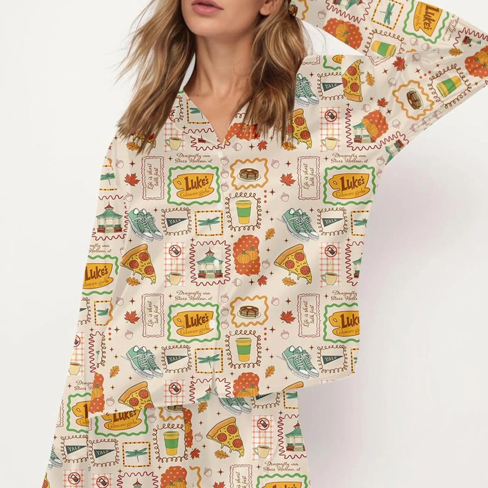 Women’s Stars Hollow Inspired Pajama Set – Retro Coffee Diner Satin Sleepwear, Two-Piece Cozy Nightwear Gift