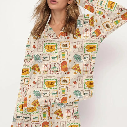 Women’s Stars Hollow Inspired Pajama Set – Retro Coffee Diner Satin Sleepwear, Two-Piece Cozy Nightwear Gift