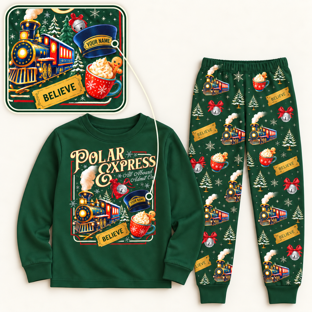 Personalized Green Christmas Train Matching Family Pajamas