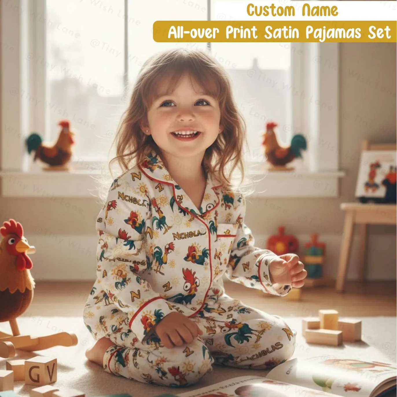 Personalized Island Rooster Kids Satin Pajamas