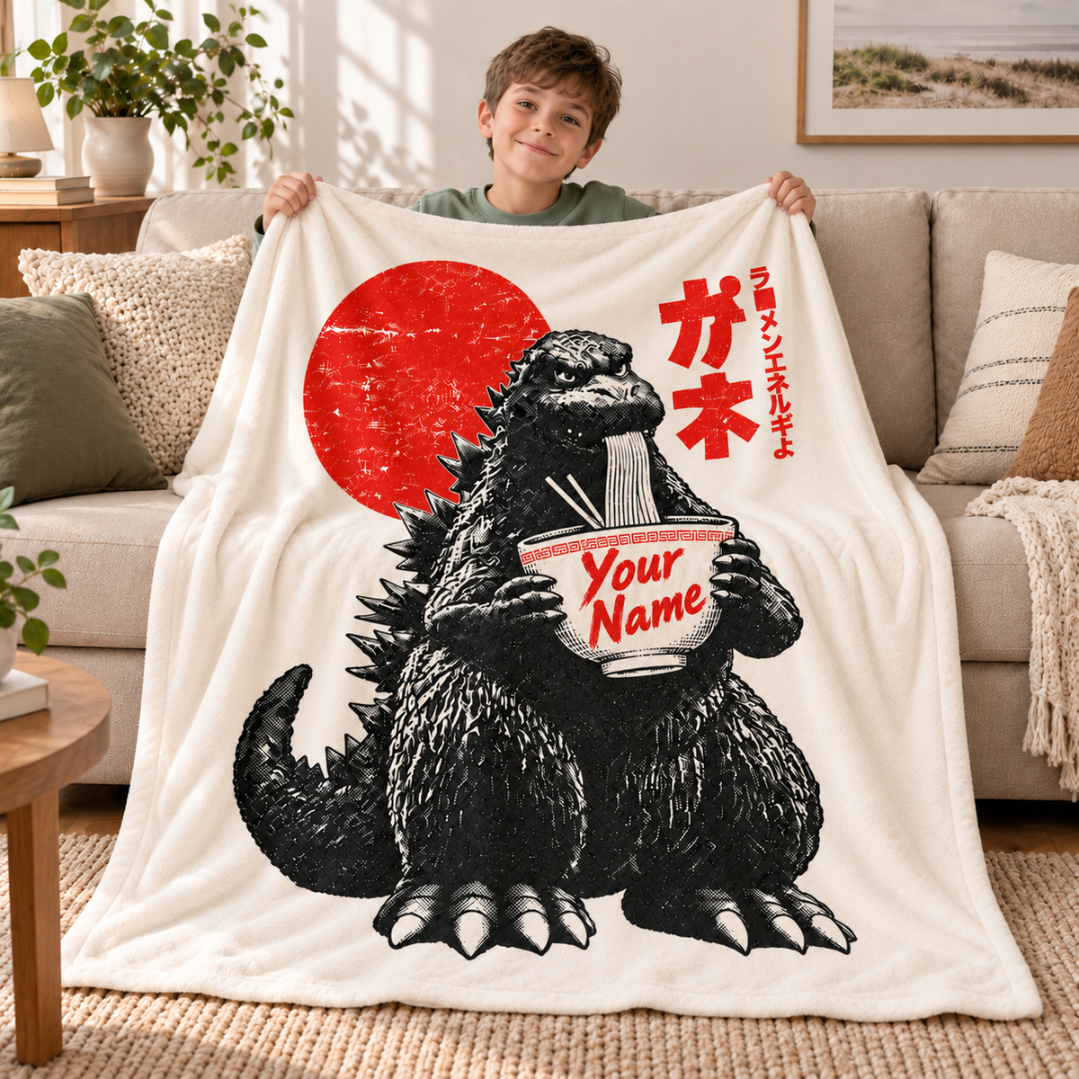 Custom Name Japanese Ramen Eating Monster Blanket
