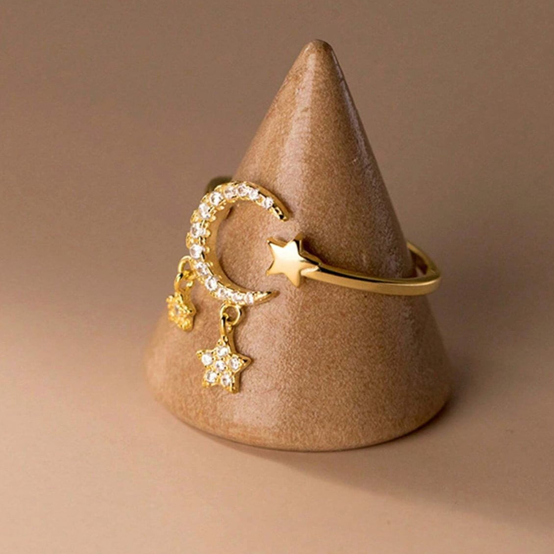 Zirconia Star & Moon Tassel Ring