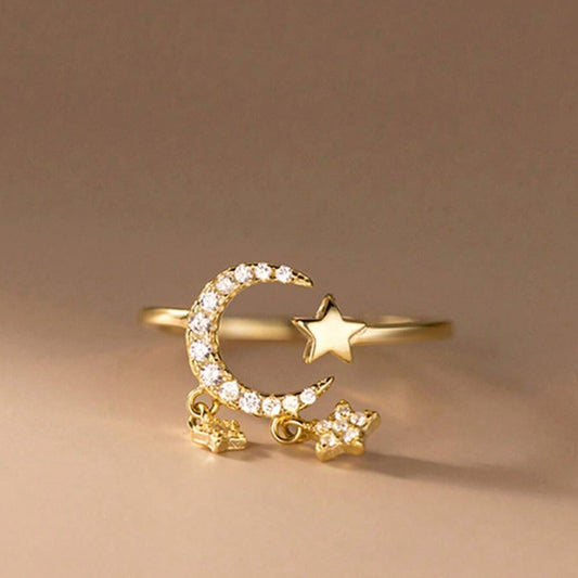 Zirconia Star & Moon Tassel Ring