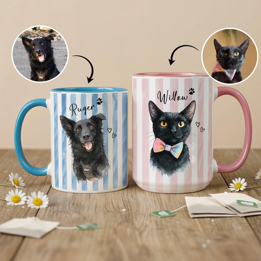 Personalized Watercolor Pet Photo Mug – Custom Dog or Cat Portrait with Name