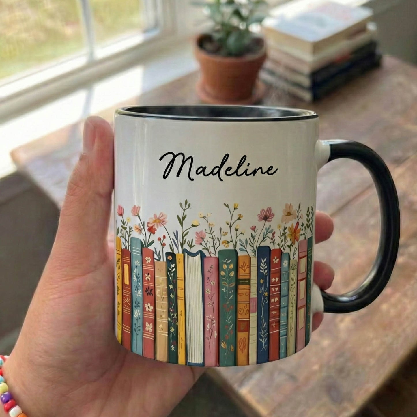 Personalized Vintage Floral Bookshelf Mug – Custom Book Lover Reading Coffee Cup
