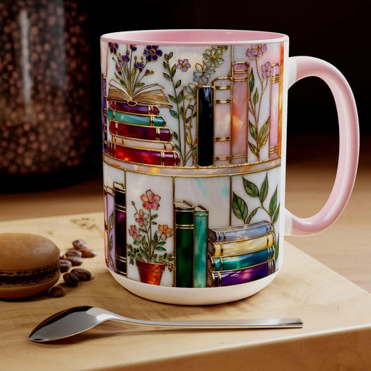 Stained-Glass Floral Bookshelf Mug – Book Lover & Library Coffee Cup