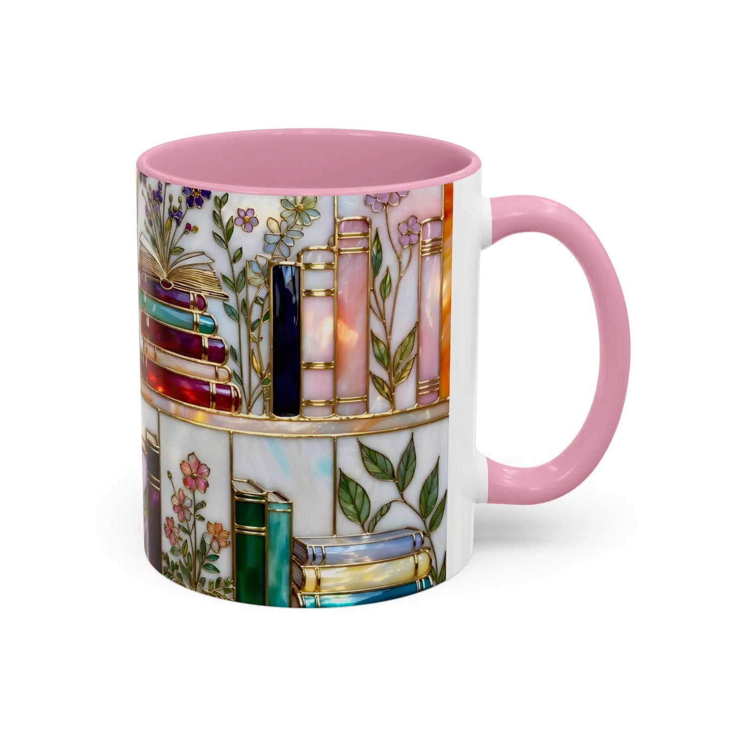 Stained-Glass Floral Bookshelf Mug – Book Lover & Library Coffee Cup