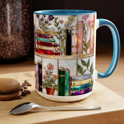 Stained-Glass Floral Bookshelf Mug – Book Lover & Library Coffee Cup