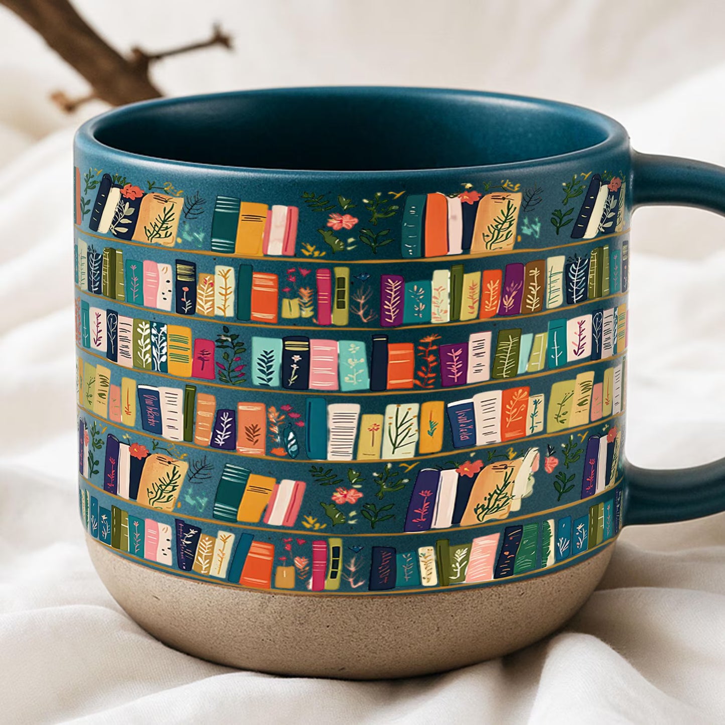 Vintage Floral Bookshelf Mug – Book Lover Library Coffee & Tea Gift