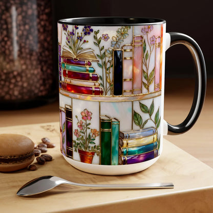 Stained-Glass Floral Bookshelf Mug – Book Lover & Library Coffee Cup