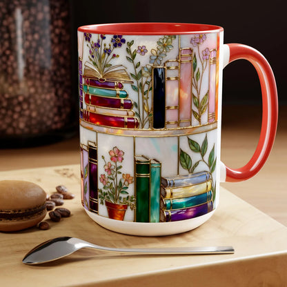 Stained-Glass Floral Bookshelf Mug – Book Lover & Library Coffee Cup