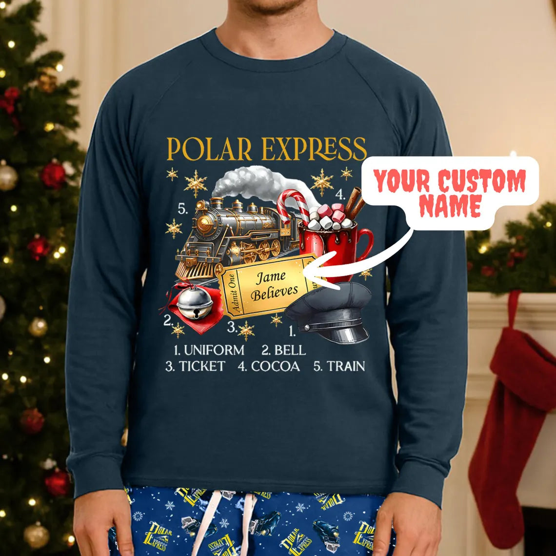 Vintage North Pole Train Pajama Set Personalized Premium Fabric Sleepwear for Family Cozy Holiday Blue Christmas Gift