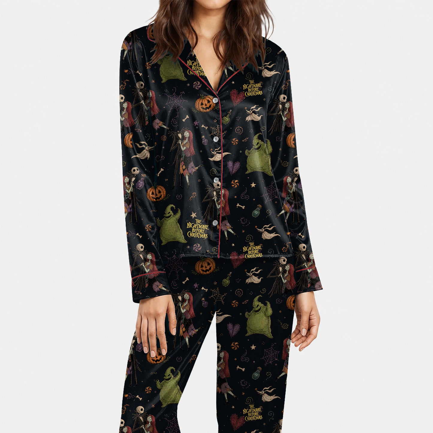 Black Gothic Halloween Holiday Satin Pajamas