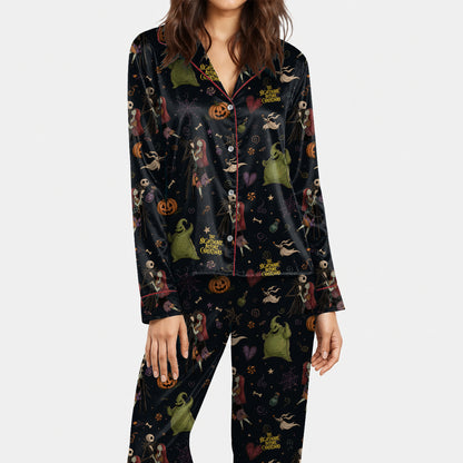 Black Gothic Halloween Holiday Satin Pajamas