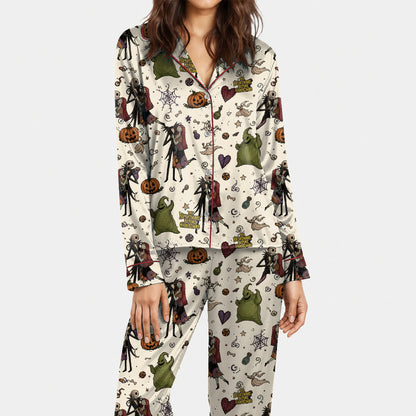 Ivory Gothic Halloween Holiday Satin Pajamas