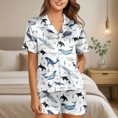 Luxury Satin Pajama Set - Watercolor Whale Ocean Inspired Sleepwear Loungewear