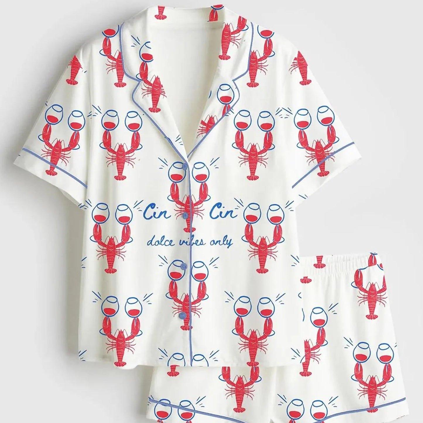 Luxury Satin Pajama Set - Coastal Lobster Wine Champagne Mediterranean Inspired Sleepwear