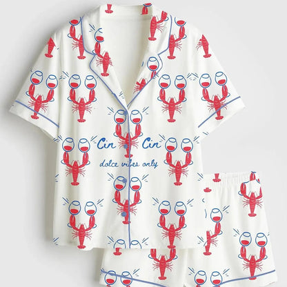 Luxury Satin Pajama Set - Coastal Lobster Wine Champagne Mediterranean Inspired Sleepwear