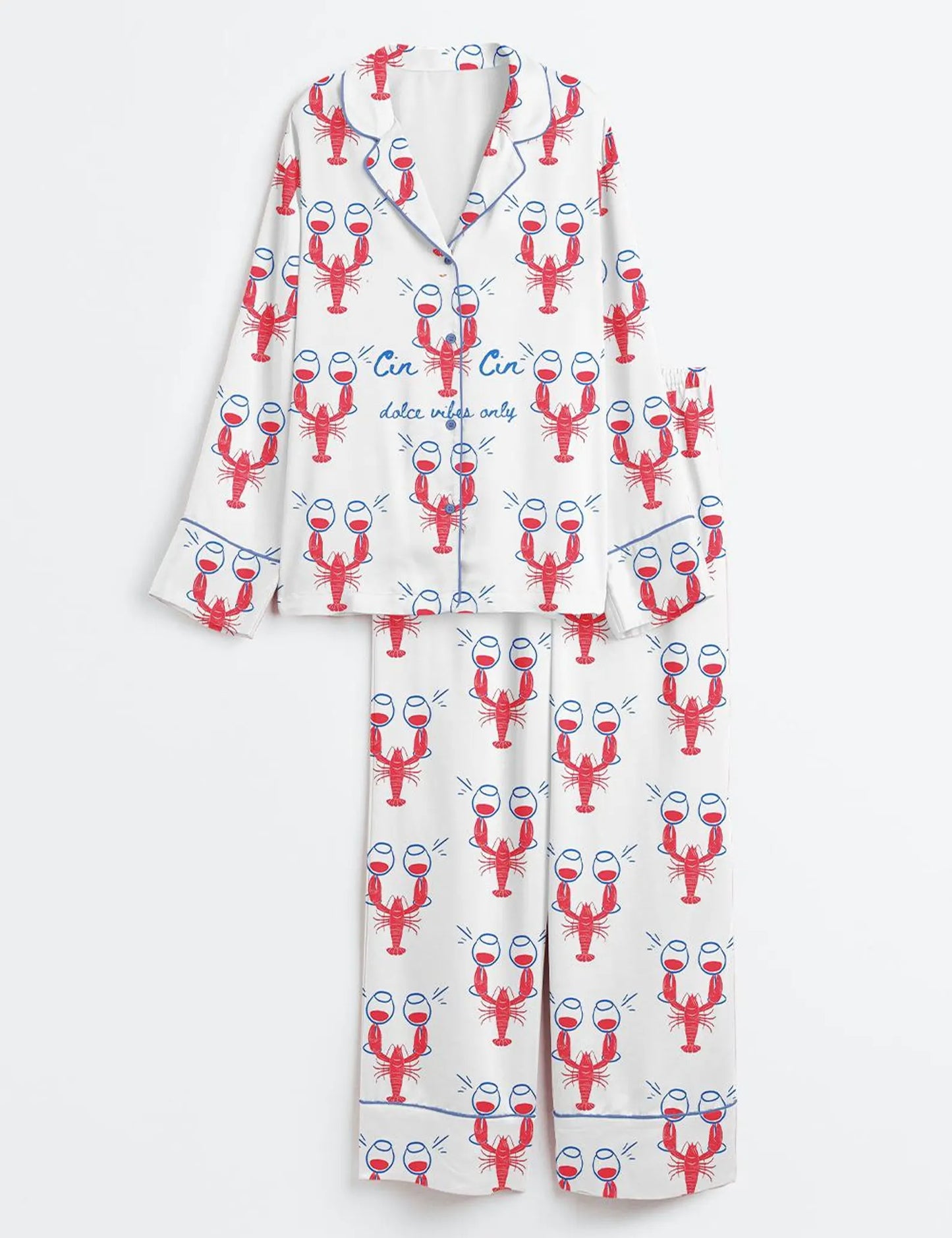 Luxury Satin Pajama Set - Coastal Lobster Wine Champagne Mediterranean Inspired Sleepwear