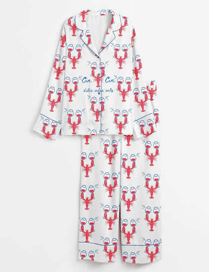 Luxury Satin Pajama Set - Coastal Lobster Wine Champagne Mediterranean Inspired Sleepwear