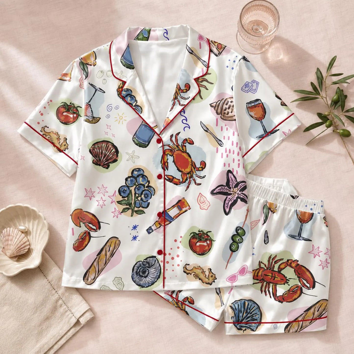 Luxury Satin Pajama Set - Coastal Seafood Ocean Inspired Sleepwear Loungewear