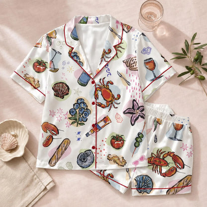 Luxury Satin Pajama Set - Coastal Seafood Ocean Inspired Sleepwear Loungewear
